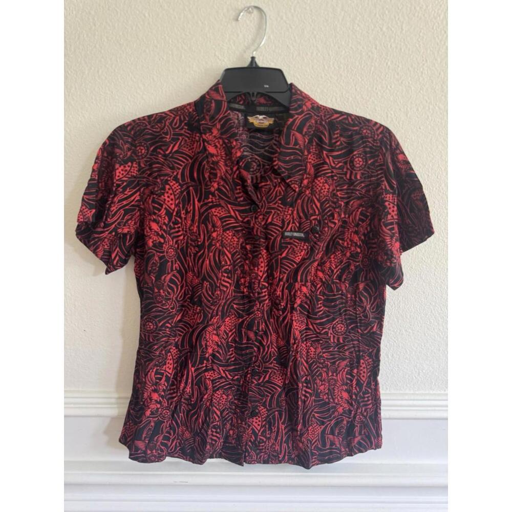Harley Davidson  Rare Red Black button down Sz.Sm Eagle American Flag